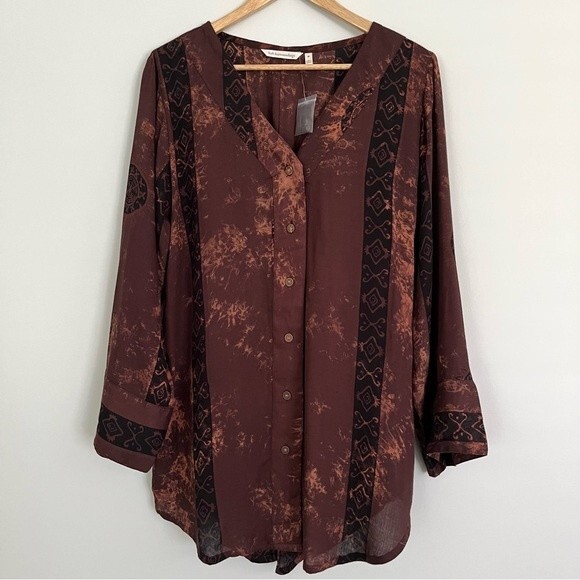 Soft Surroundings Brown and Black Boho Print Button Down Tunic Top, Size M NWOT - Picture 1 of 9